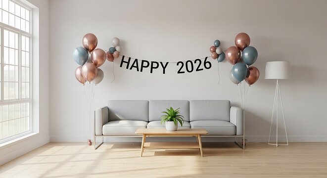 Celebrating Happy New Year 2026 With Balloons And Decorations In A Modern Living Room