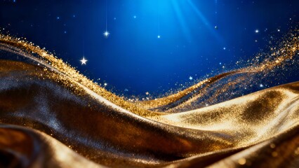 Celestial Glow: Golden Silk Waves with Starry Blue Backdrop