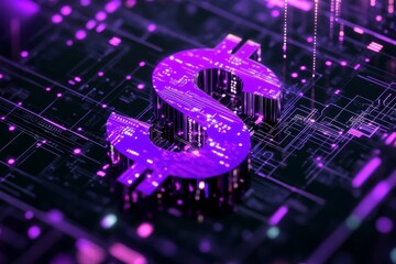 Purple dollar sign graphic on a circuit board.