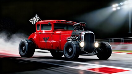 Vintage Red Hot Rod: Classic Race Car with Checkered Flag under Spotlight