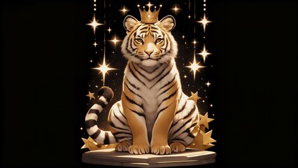 Golden Crown Tiger: Regal Feline with Starry Aura Art