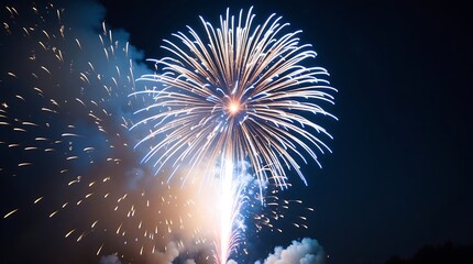 Photo of a single giant firework burst in a pitch-black sky, captured mid-explosion with vibrant glowing trails and a soft smoke haze illuminated by thousands of tiny sparks.