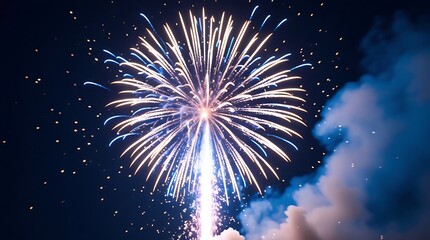 A photo of a single giant firework burst in a pitch-black sky, captured mid-explosion with vibrant glowing trails and a soft smoke haze illuminated by thousands of tiny sparks.