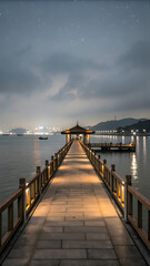 Fototapeta premium Illuminated Pier with Pavilion and City Lights Reflected on Calm Water – Serene Nighttime Waterfront Scene with Traditional Architecture and Floating Boat