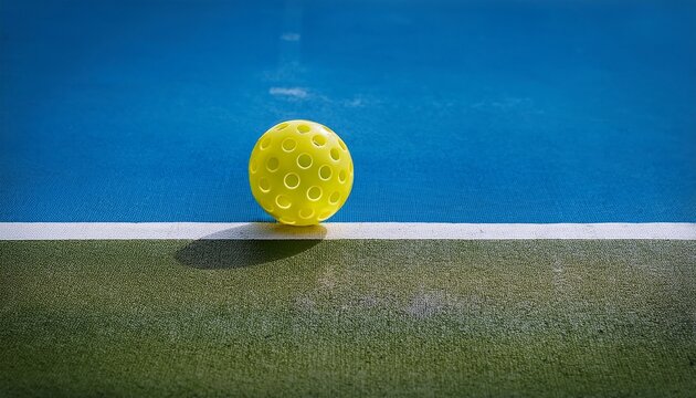 small yellow pickleball with large background yellow pickleball on the boundry line of pickleball court and large background that can easily be removed and replaced blue court area and green out of