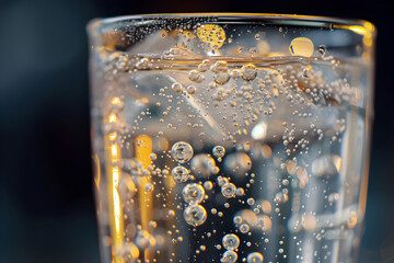 Close-Up of Effervescent Qinine-Infused Tonic Water n Clear Glass Illuminated gainst Neutral Background