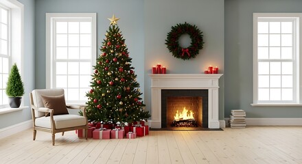 Fototapeta premium Cozy Christmas Living Room with Fireplace and Decorated Tree.