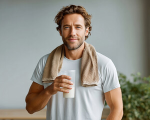 Athletic man with confident smile enjoys protein drink after fitness workout. He prioritizes health and wellness through rehydration