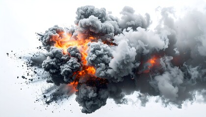A fiery explosion billowing dense smoke with visible orange flames and debris
