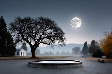 Full moon illuminates tranquil, misty graveyard. Majestic bare tree stands near stone fountain, creating serene, mysterious night atmosphere