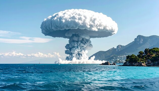 A giant mushroom cloud rises from the sea near a coastline, under a bright blue sky