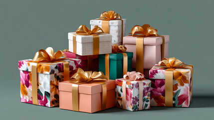 Delightful stack of colorful gift box presents tied with festive ribbons, creating joyful surprise for any special celebration holiday