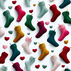 Colorful stockings, tiny hearts, delightful seamless pattern clean white background. Charming arrangement evokes warm, joyful, festive holiday