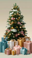 Decorated Christmas tree adorned with colorful baubles, ornaments, and numerous festive gifts below, inspiring holiday joy and celebration