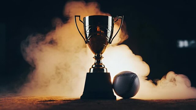 Trophy and baseball against dark background with smoky effect for achievement concept