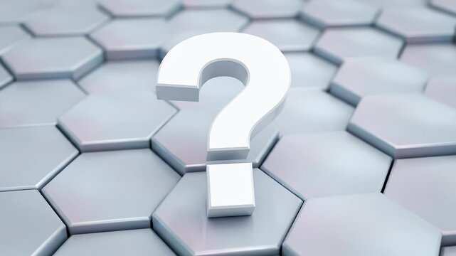Question Mark Icon Stands Out on Hexagon Pattern Background in White and Silver Color Scheme with Soft Studio Lighting