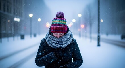 Woman bundled in warm winter clothes walking through a snowy urban street during a cold evening snowfall.