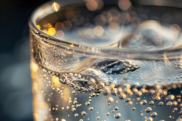 Close-Up of Effervescent Qinine-Infused Tonic Water n Clear Glass Illuminated gainst Neutral Background
