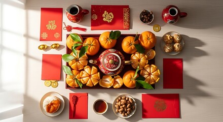Festive Lunar New Year Still Life with Oranges and Red Envelopes.