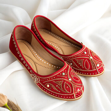 Bride&rsquo;s red shoes (mojari) isolated 