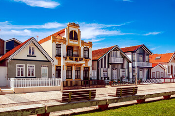 Costa Nova, Aveiro, Portugal: colorful striped houses called Palheiros at street