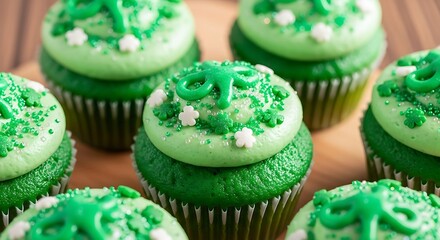 Festive St. Patricks Day Cupcakes with Green Frosting and Sprinkles.