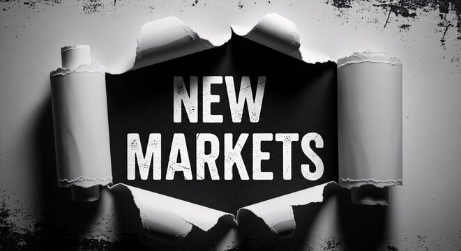 Ripped paper reveal with bold text NEW MARKETS, business expansion, market entry and growth concept.