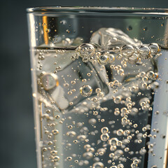 Close-Up of Effervescent Qinine-Infused Tonic Water n Clear Glass Illuminated gainst Neutral Background