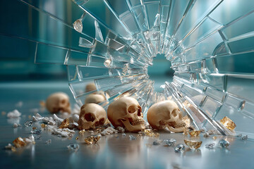Broken glass with skulls and scattered gems creates haunting scene of shattered reflections and eerie beauty in mysterious setting