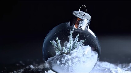 A glass Christmas ornament with a tiny snow-covered tree inside rests on a pile of artificial snow illuminated by soft winter light - Powered by Adobe