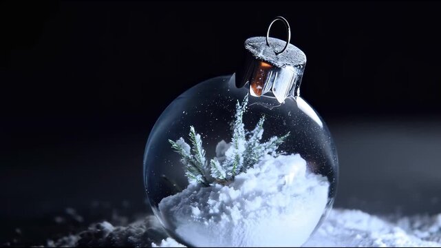 A glass Christmas ornament with a tiny snow-covered tree inside rests on a pile of artificial snow illuminated by soft winter light