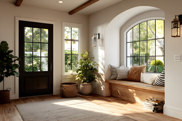 Fototapeta premium Bright entryway with a large side window that allows direct natural light to flow into the auxiliary furniture