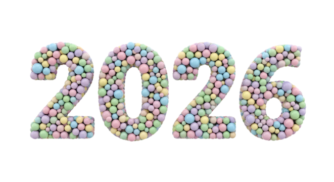 Colorful number 2026 made of small candy pieces isolated on transparent background