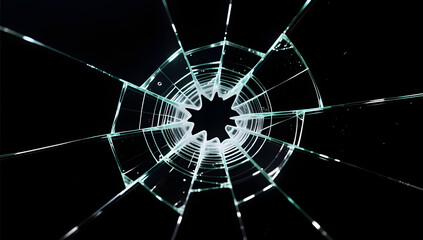Detailed texture of cracked glass on black background