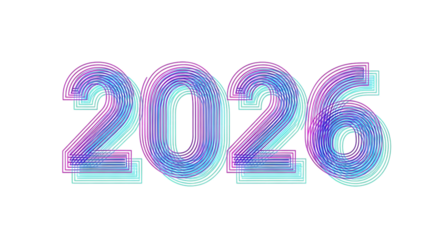 Futuristic glitch effect numbers 2026 isolated on transparent background