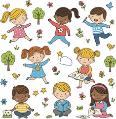Isolated a kinds of deferent children Illustration for decoration, kids school cute doodle vector art with white background..
