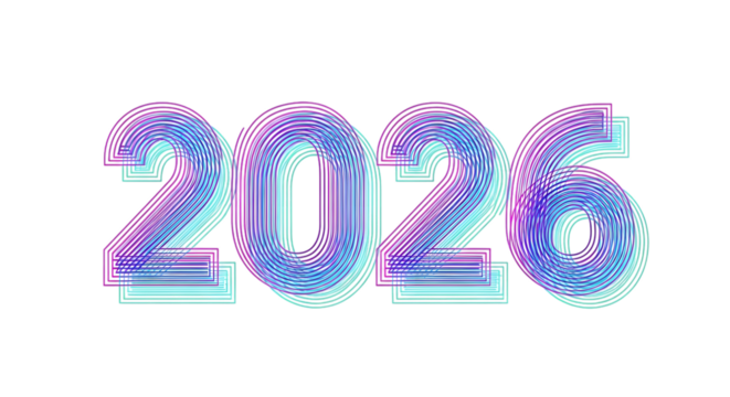 Futuristic glitch effect numbers 2026 isolated on transparent background