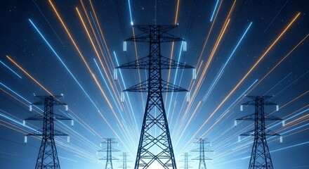 High-Voltage Transmission Towers, Nighttime Power Grid, Energy Flow Illustration, Futuristic Electrical Infrastructure, Neon-Lit Pylons