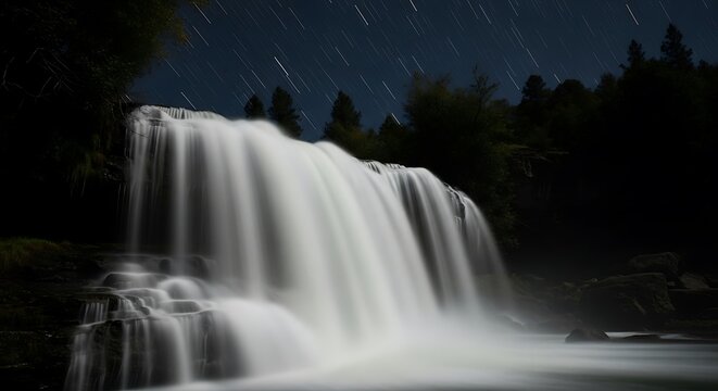 Nighttime Waterfall Capturing the Serenity of Water and Stars Under the Moonlit Sky