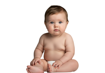 Adorable baby portrait with curious gaze sitting isolated on black background