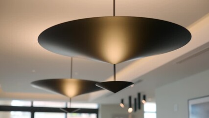 Black lights hang from ceiling and glow with soft warmth. Clean shapes and smooth finish make space feel calm and modern. Light adds quiet rhythm to room.