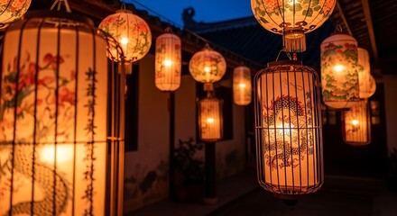 Illuminated Chinese Lanterns Displaying Intricate Designs at Night.