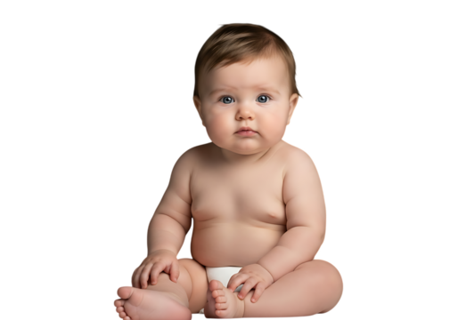 Adorable baby portrait with curious gaze sitting isolated on black background