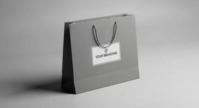 Gray gift bag with white label and handles mockup