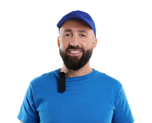 Courier with hidden spy camera on white background