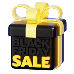 Black Gift Box Wrapped with Gold Ribbon Featuring Black Friday Sale Text. 3D Rendering