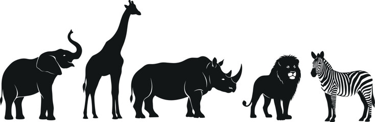 African wildlife animal silhouettes including elephant, giraffe, rhino, lion, zebra in savanna scene for nature, safari, vector illustration