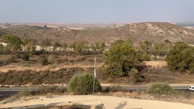 Sderot. Observation point overlooking Gaza from &ldquo;Givat Kobi&rdquo; (Kobi Hill) or &ldquo;Hill of Journalists,&rdquo; with a view of the fence between Gaza and Israel and the highway.