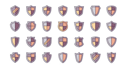 A diverse collection of shield icons, featuring thin lines and editable strokes, perfect for web design, book illustrations, greeting cards, and mobile applications. This vector cartoon illustration