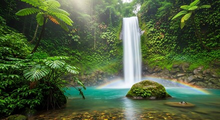Obraz premium Sunbeams shine on a majestic waterfall cascading into a turquoise lagoon with a rainbow in a lush jungle